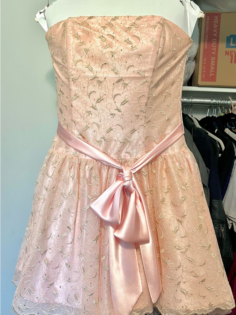 Vintage Jessica Mcclintock Pink And Gold Strapless Lace Party Dress With Satin
